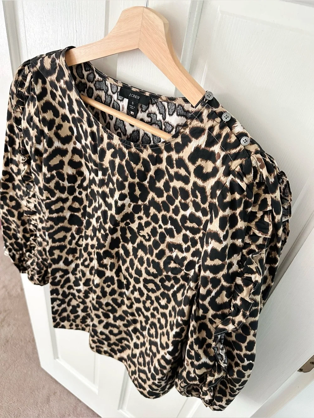 J. CREW Ruffle-Sleeve Top in Leopard Animal Print Brown Puff Sleeve Size S